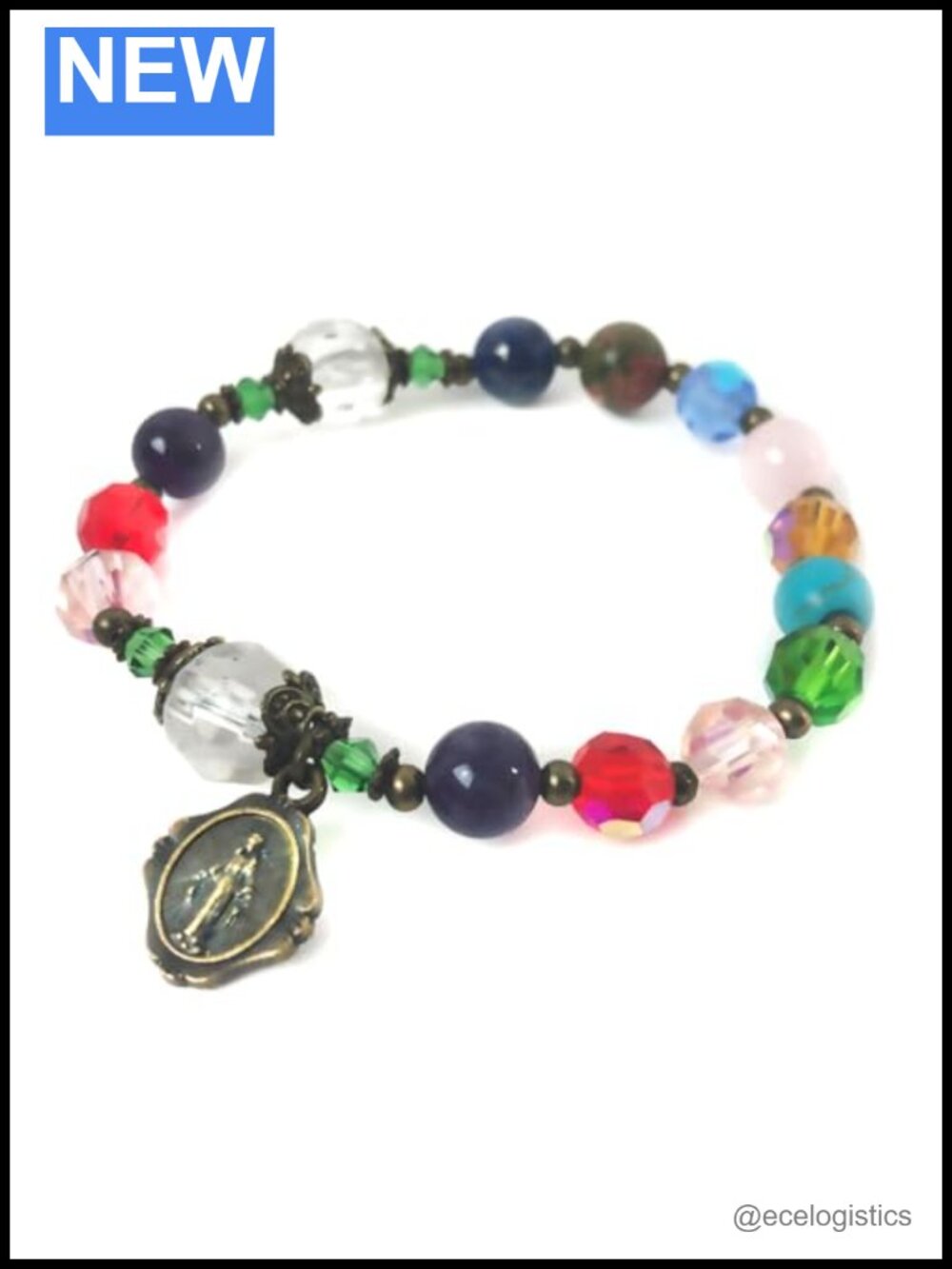 Crystal Stone Rosary Bracelet Miraculous Medal Charm Catholic Gift